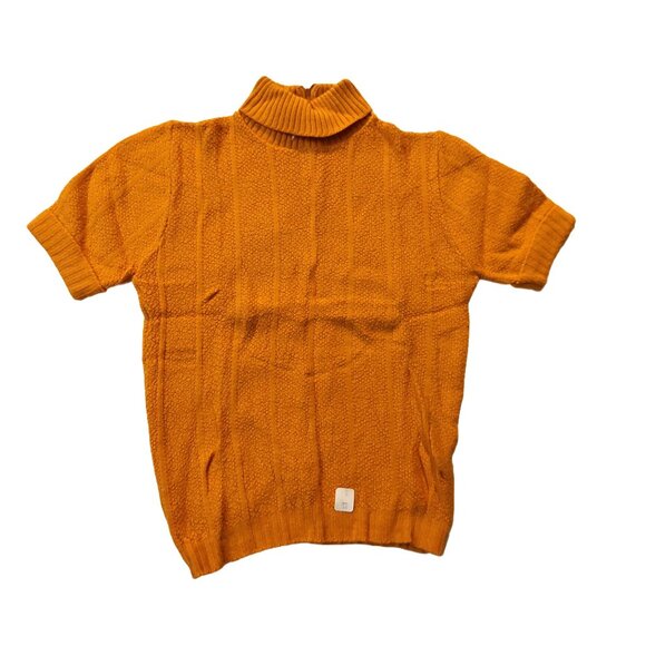 Vintage 1940s-1950s Short Sleeve Mustard Yellow Ribbed Mock Turtleneck Sweater - Picture 2 of 7